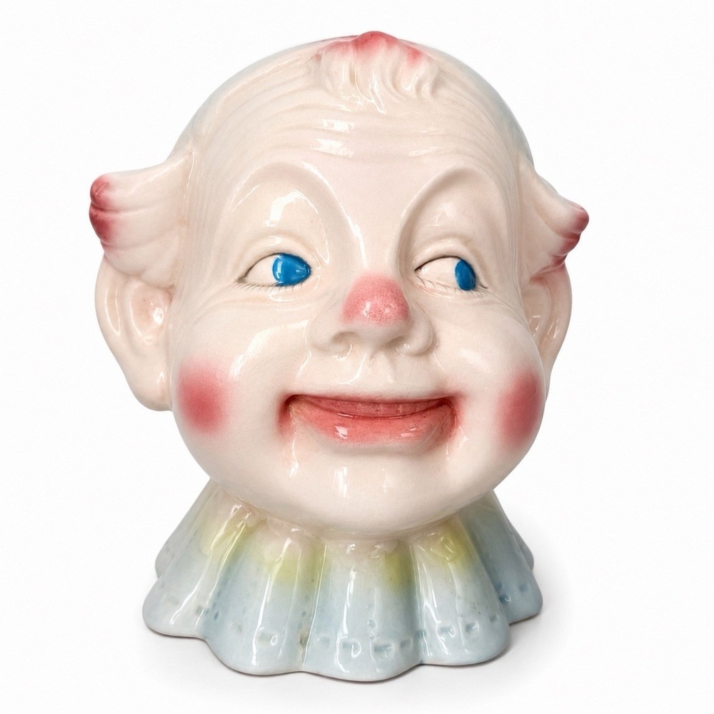 Vintage 1950 Large Ceramic Clown Head Coin Bank Piggy Bank Pastel Blue 7.5" Tall